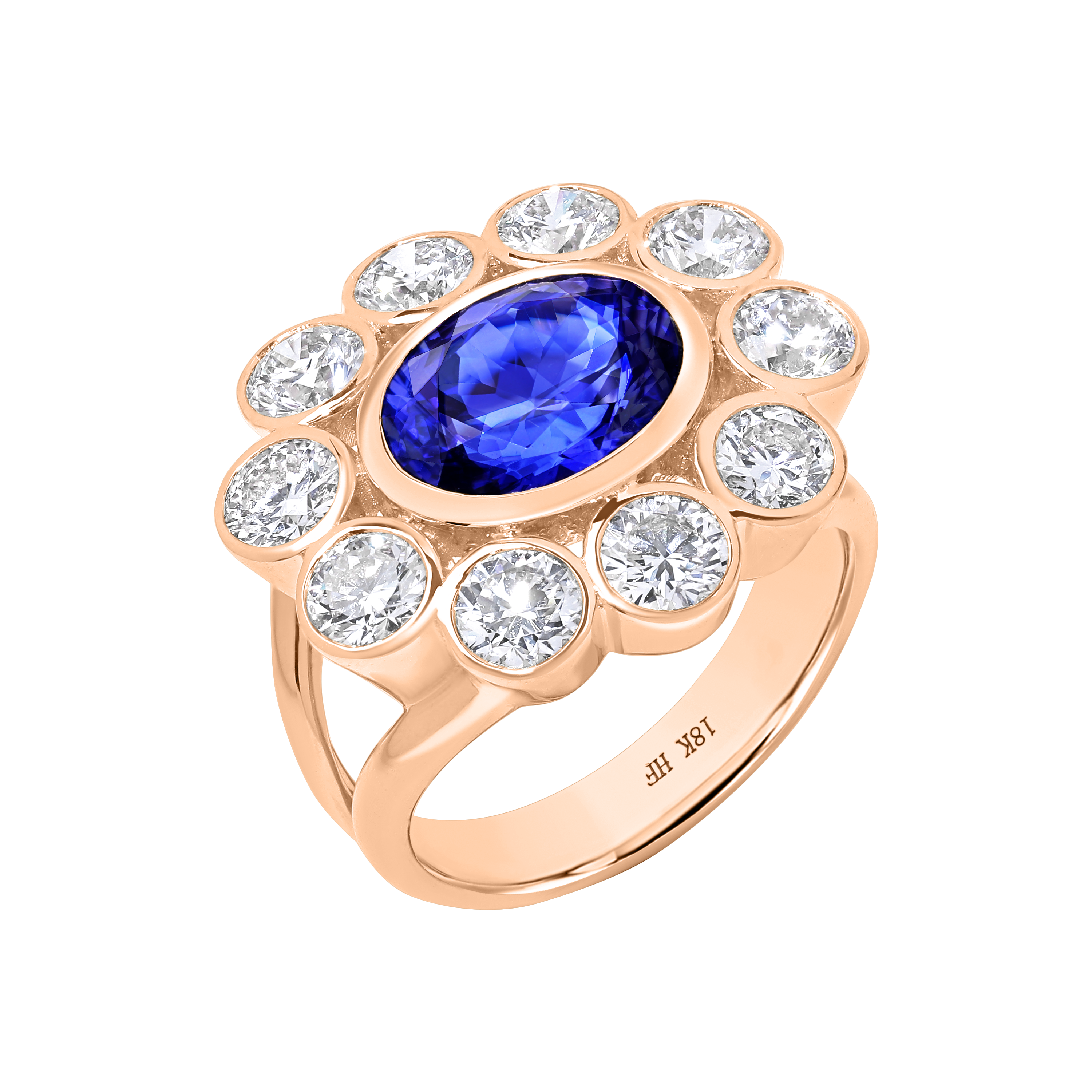 Rose gold ring with a blue gemstone and clear diamonds on a white background